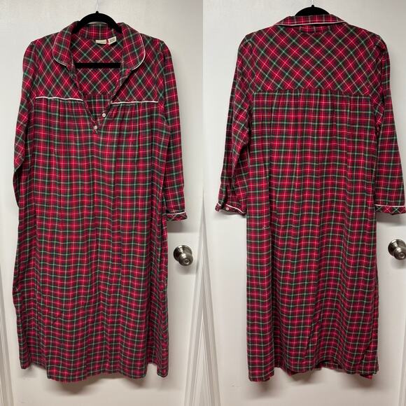 LL Bean Womens Long Flannel Night Dress Gown Red Green White Plaid Size Medium - Picture 1 of 8
